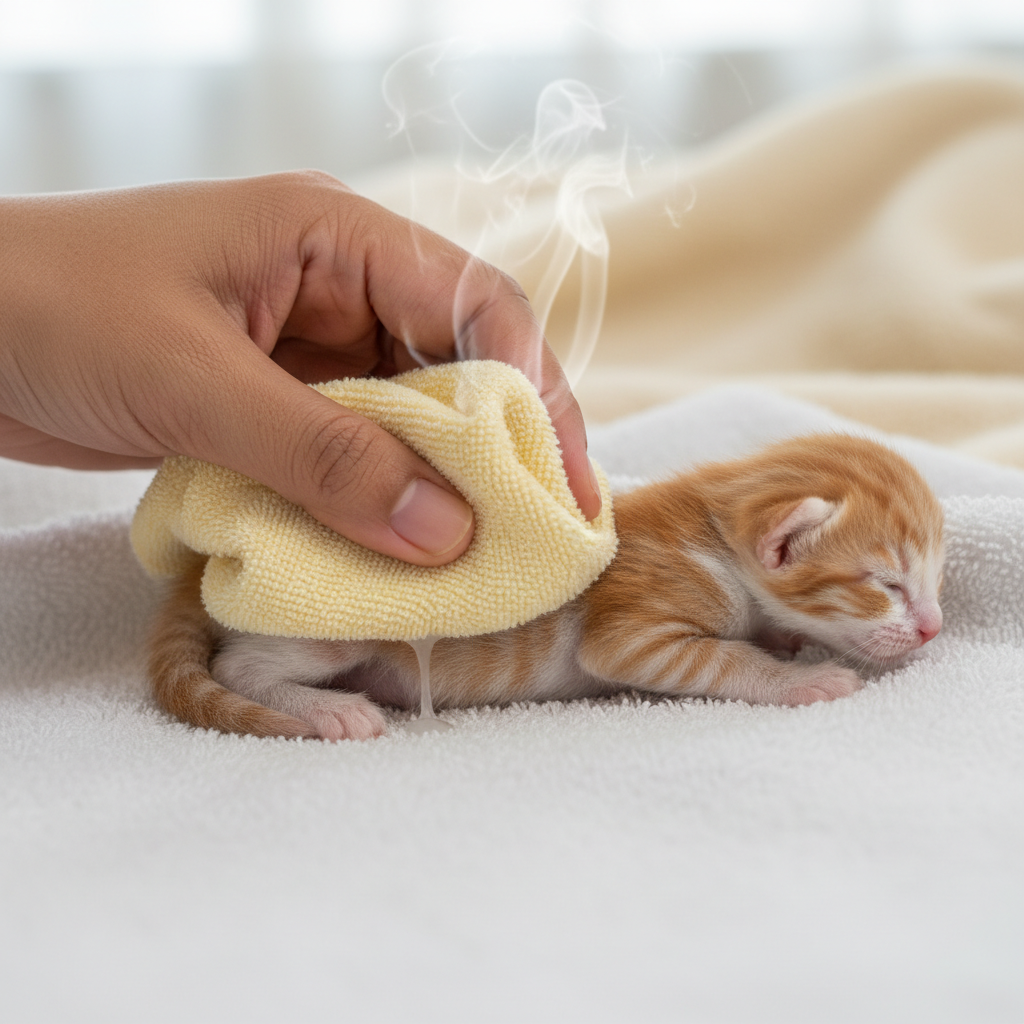 Malay woman helping a newborn kitten pee with a warm cloth