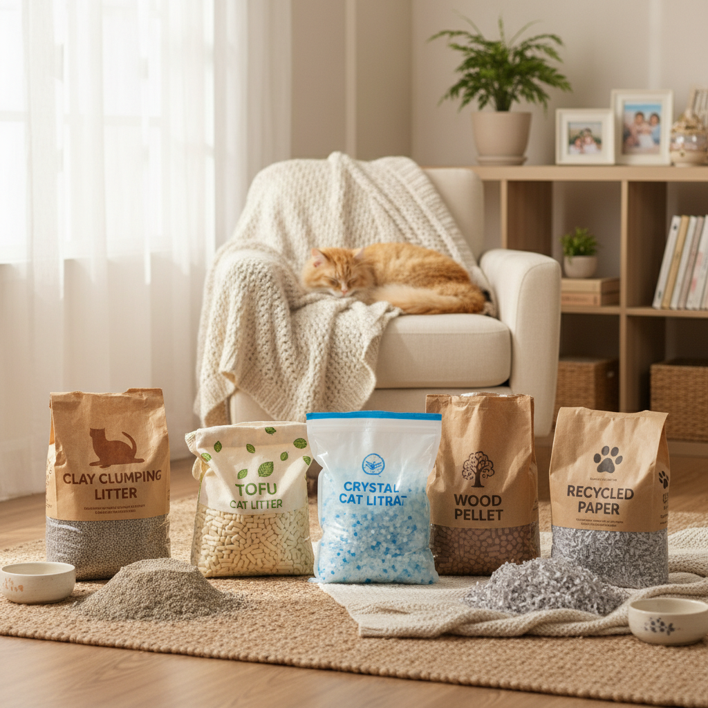 各种类型的猫砂，放在打开的袋子里