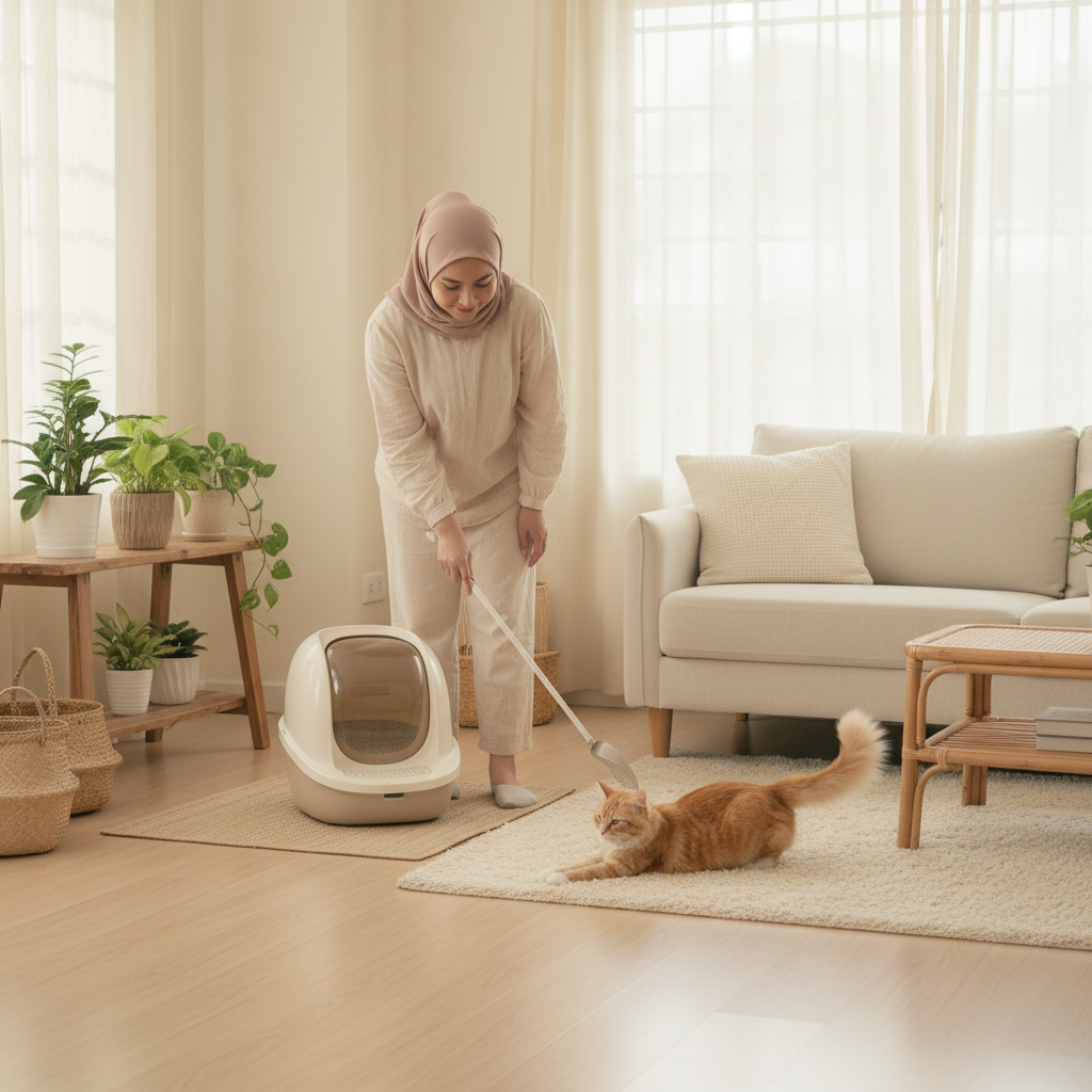 马来西亚女子清理干净的猫砂盆，猫咪在旁边很开心