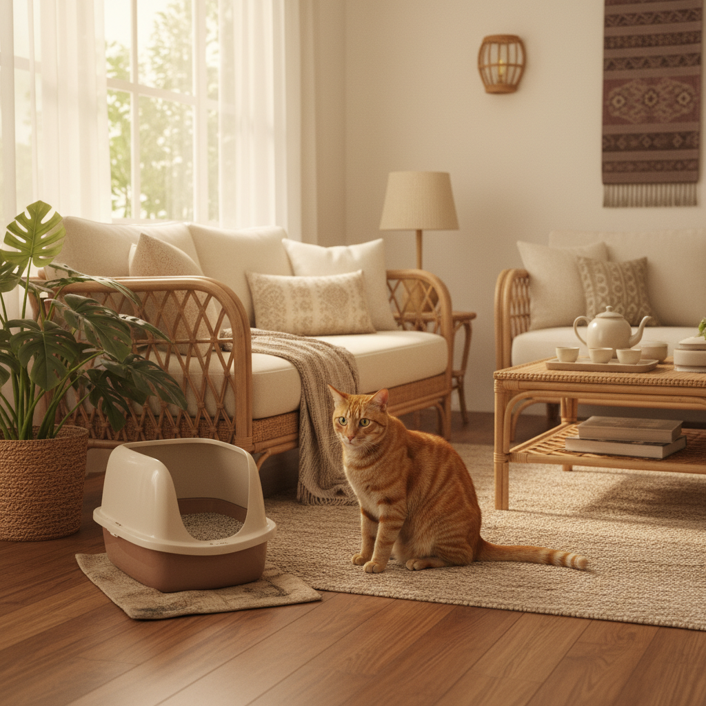 Tiger（橙色虎斑猫）在充满灰尘的猫砂盆旁感到不舒服