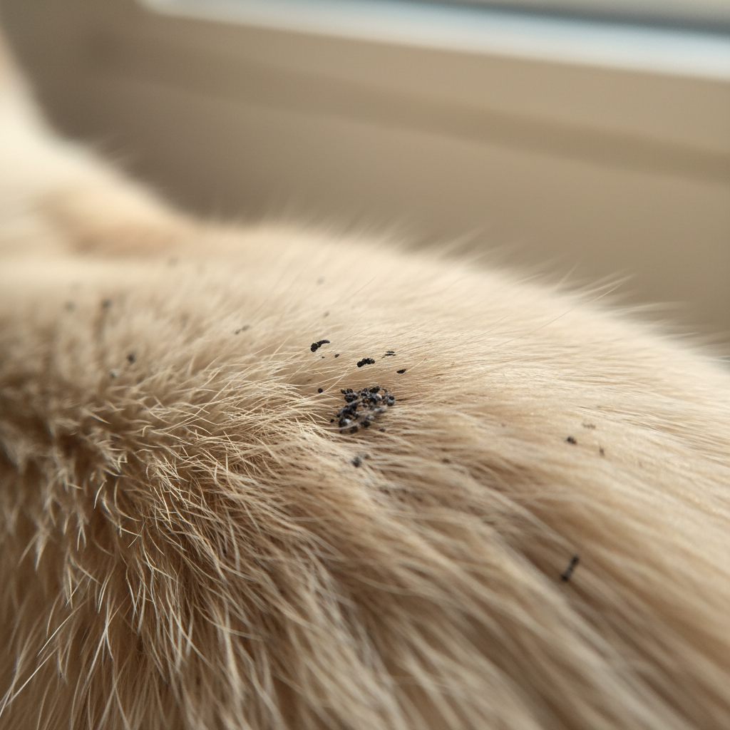 Close up of flea dirt in cat fur
