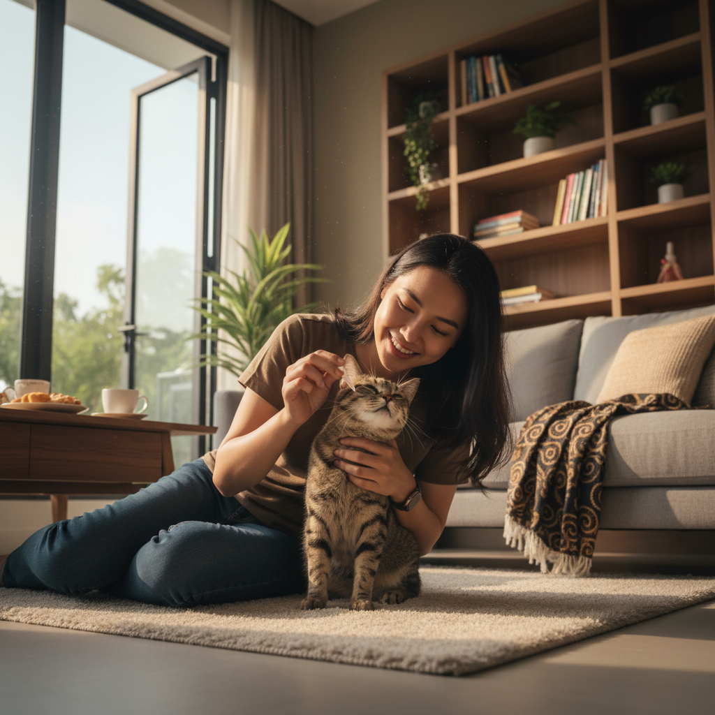Woman applying flea treatment to her cat
