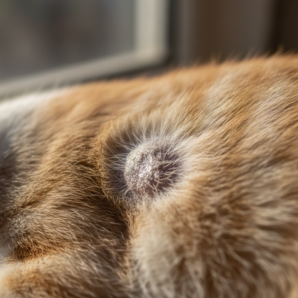 Close-up of a cat's skin with a small, circular patch of hair loss and flaky skin, indicating ringworm.