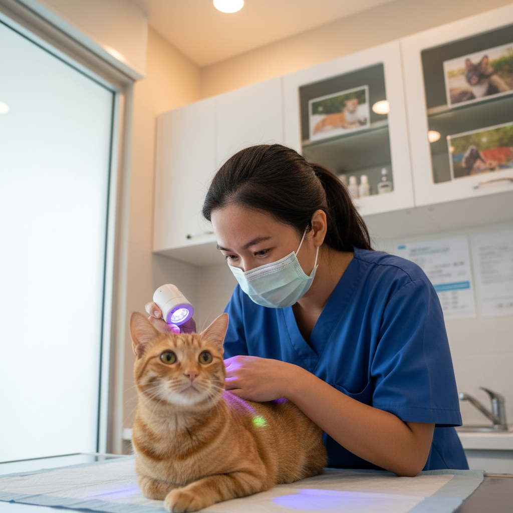 Veterinarian using a Wood's lamp to check a ginger tabby cat for ringworm, which would glow green under UV light.