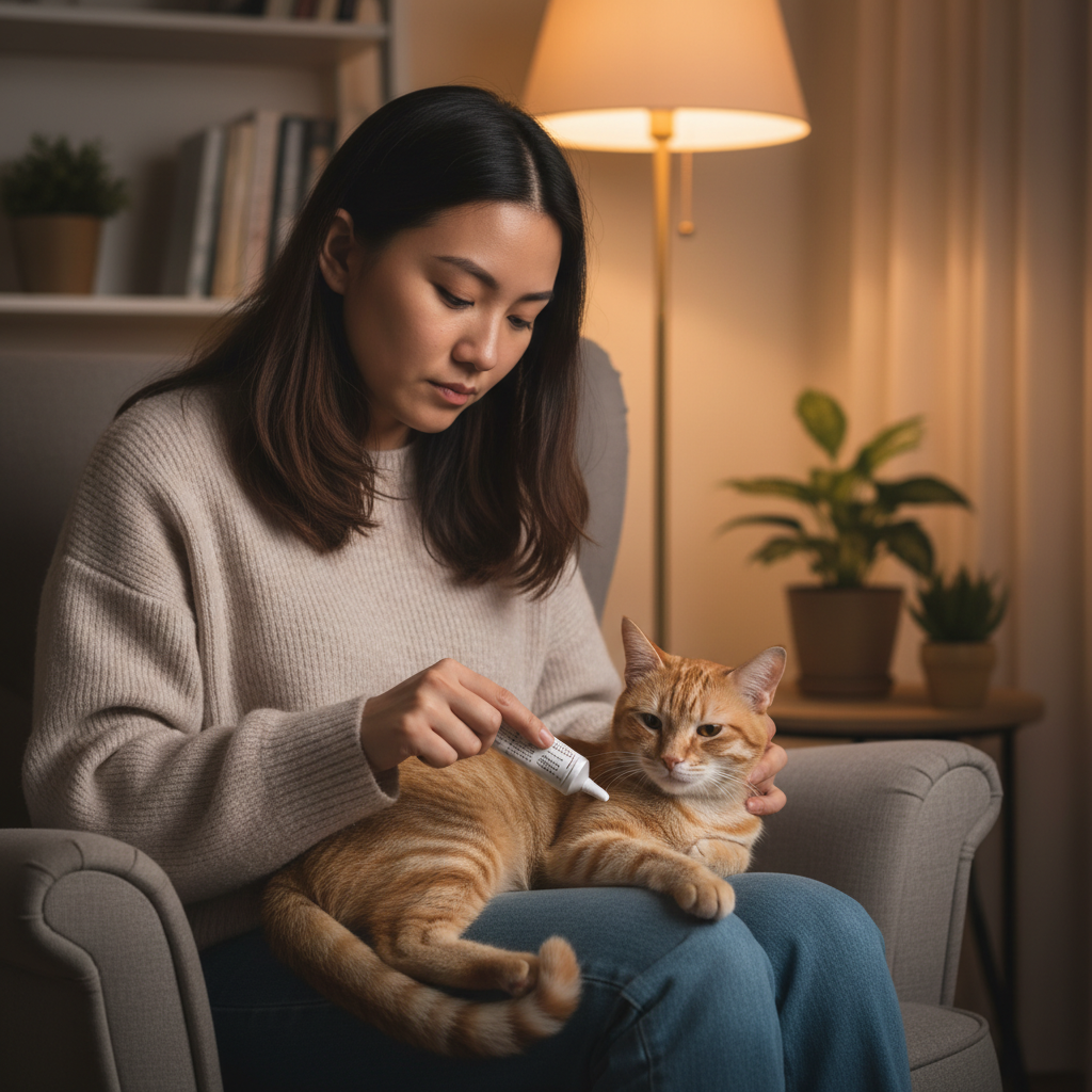 Malaysian woman carefully applying anti-fungal cream to her cat's ringworm patch.