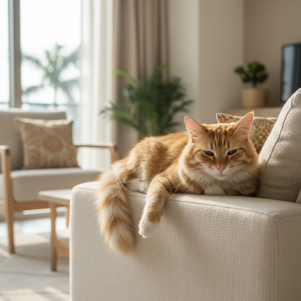 Kucing oren yang berlebihan berat badan sedang berehat di atas sofa