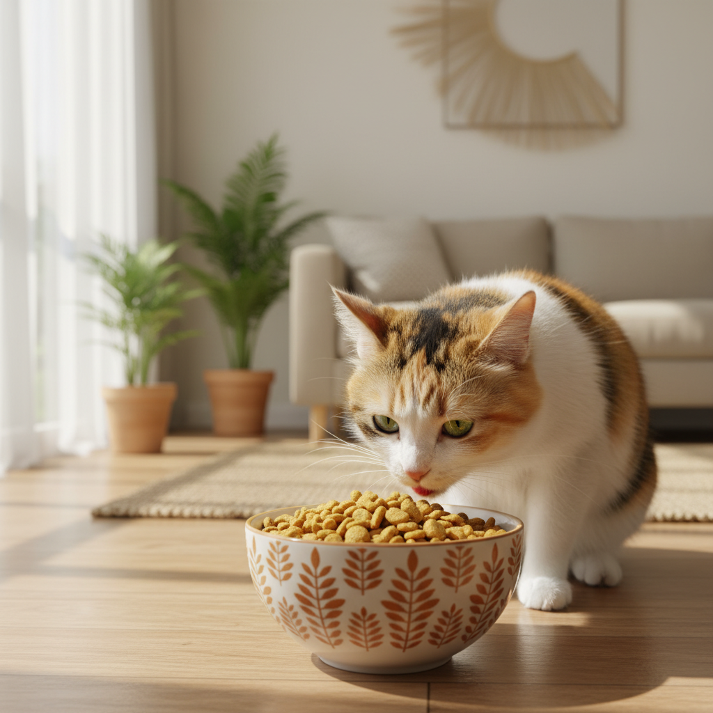 Seekor kucing calico menghidu semangkuk kibble kering di rumah Malaysia yang hangat dan selesa.