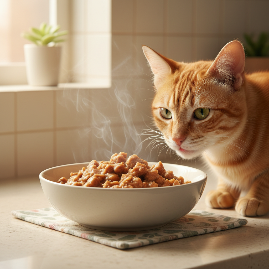 Pandangan dekat makanan kucing basah dengan seekor kucing tabby oren yang ingin makan.