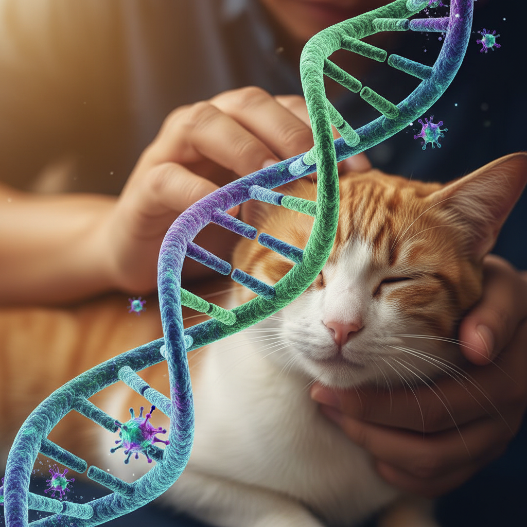 Pandangan mikroskopik partikel virus FPV dengan latar belakang kabur kucing dan tangan pemilik yang risau.