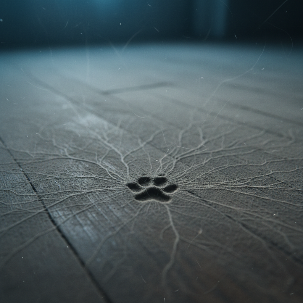 Jejak kaki kucing di lantai berhabuk, melambangkan penyebaran senyap virus FPV.