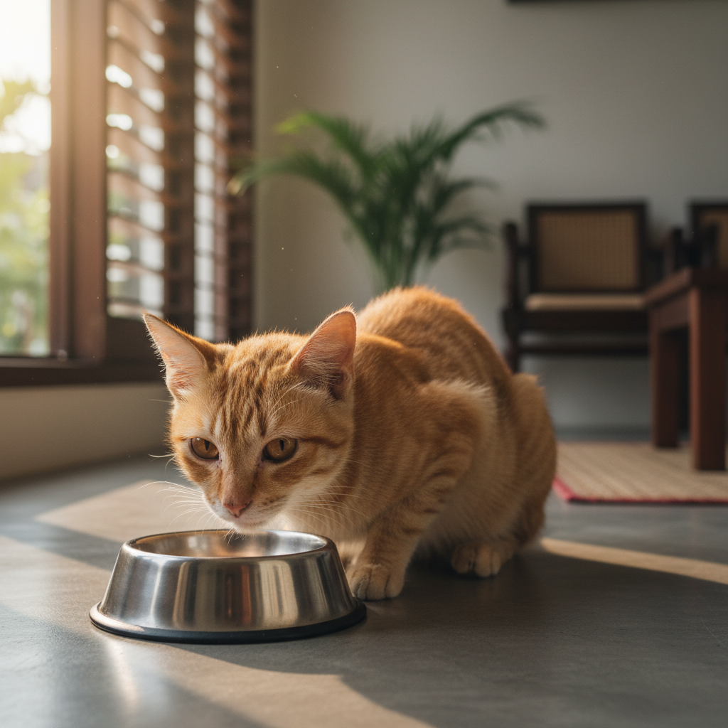 Seekor kucing oren tabby yang lesu dan kusut, membongkok di tepi mangkuk air, kelihatan sakit.