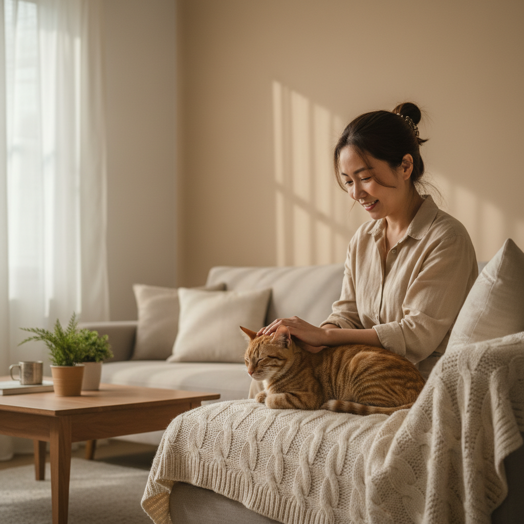 Seekor kucing oren tabby muda (Tiger) ditenangkan oleh seorang wanita Cina Malaysia selepas lawatan ke doktor haiwan.