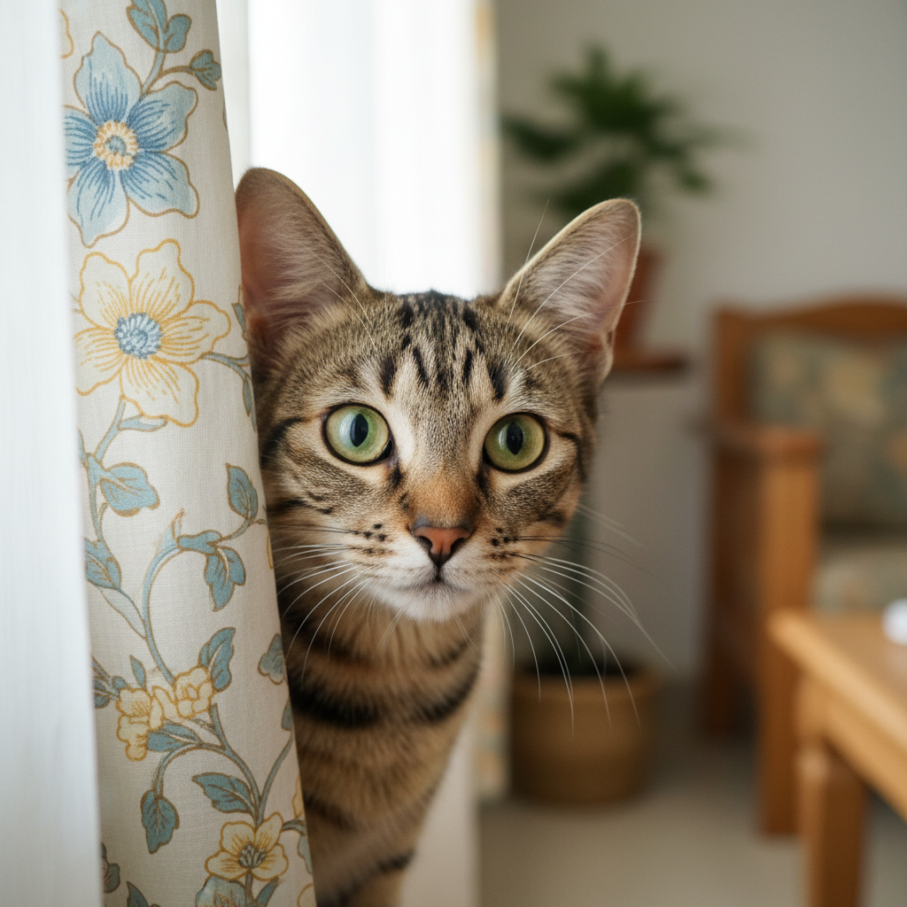 Seekor kucing tabby yang berjaga-jaga dengan mata ingin tahu, menunjukkan kewaspadaan terhadap perubahan kesihatan yang halus.
