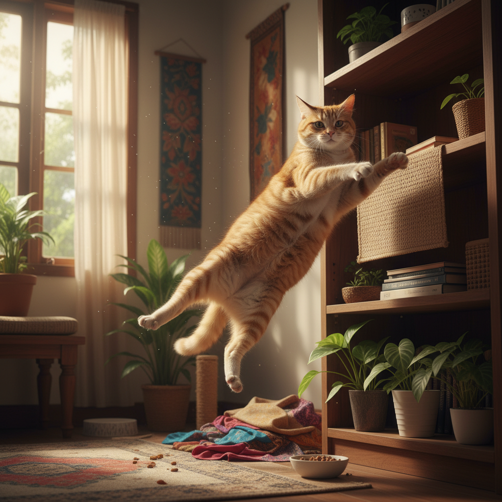 Kucing jantan sedikit gemuk (Lucky) cuba melompat, menunjukkan ketangkasan berkurangan selepas pemandulan.