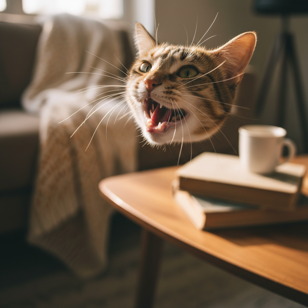Close-up of a cat's mouth with healthy gums and teeth, showing no signs of dental disease.