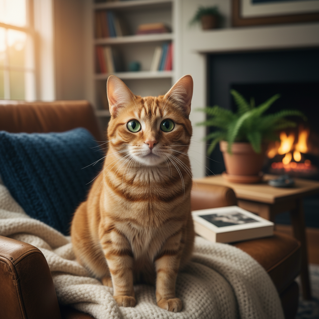 A young, alert cat in a living room, highlighting the importance of noticing subtle health changes.