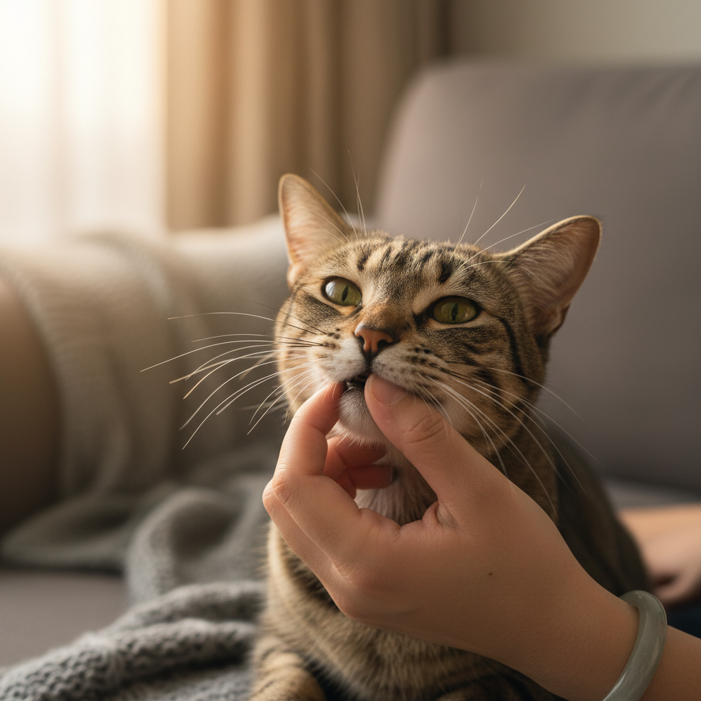Owner checking cat's teeth for signs of dental disease