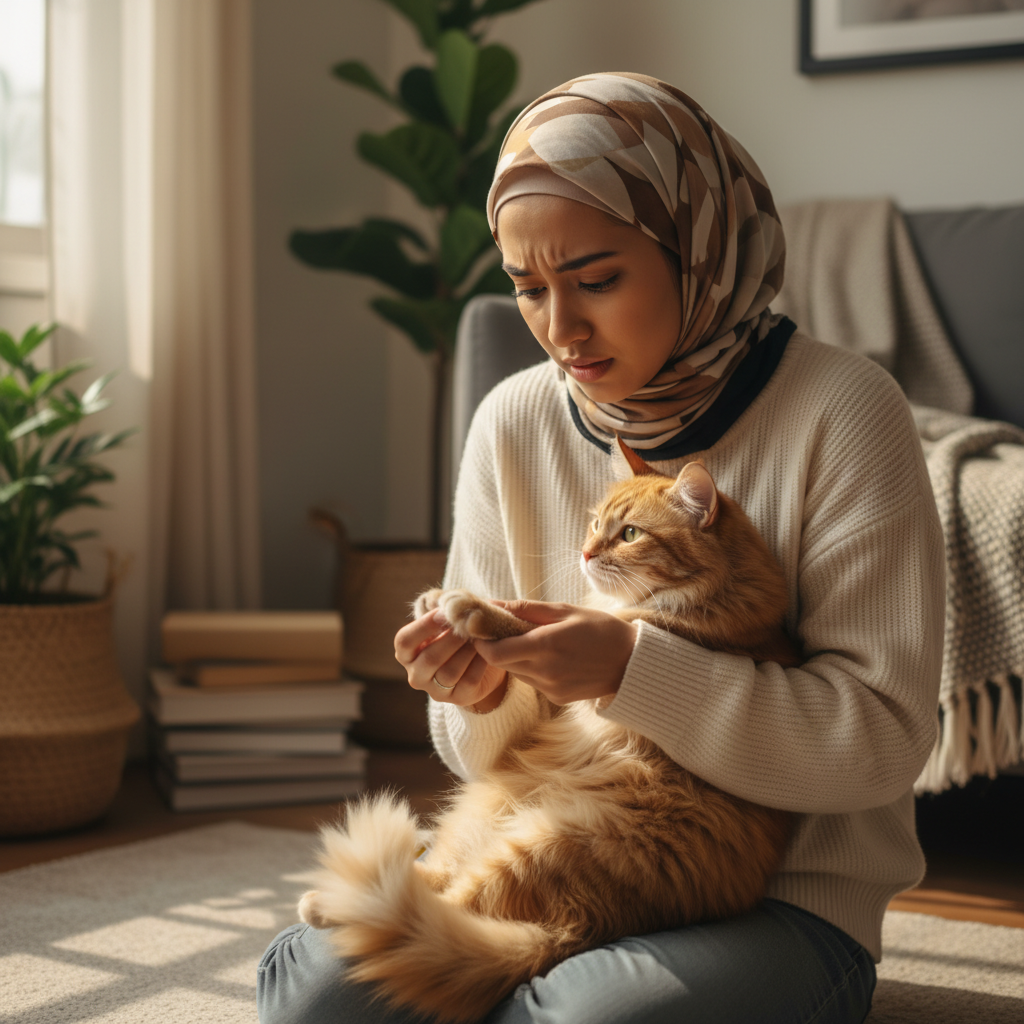 Owner inspecting cat's paw for wounds