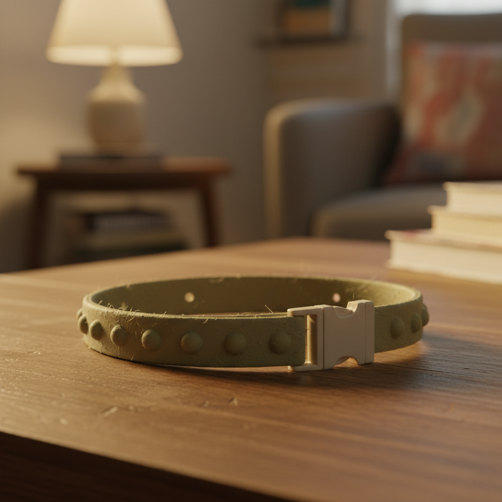 A close up photo of a low quality cat flea collar on a table