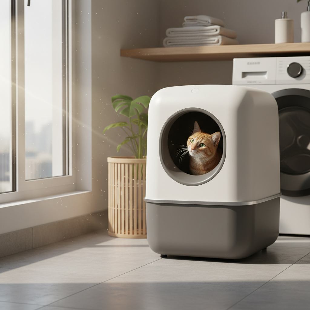 一只好奇的小猫正在观察家里的自动猫砂盆
