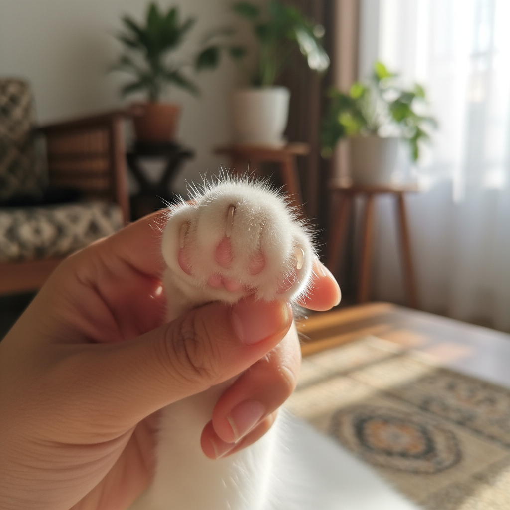 Close-up of a cat paw showing the pink quick inside the nail