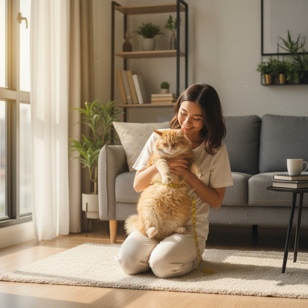 Malaysian cat owner measuring their cat's length to find the right litter box size