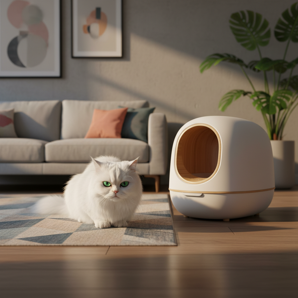 A picky cat looking at a litter box that is obviously too small for its size