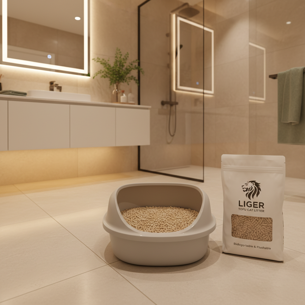 干净卫生的浴室里，摆放着尺寸合适的豆腐猫砂盆