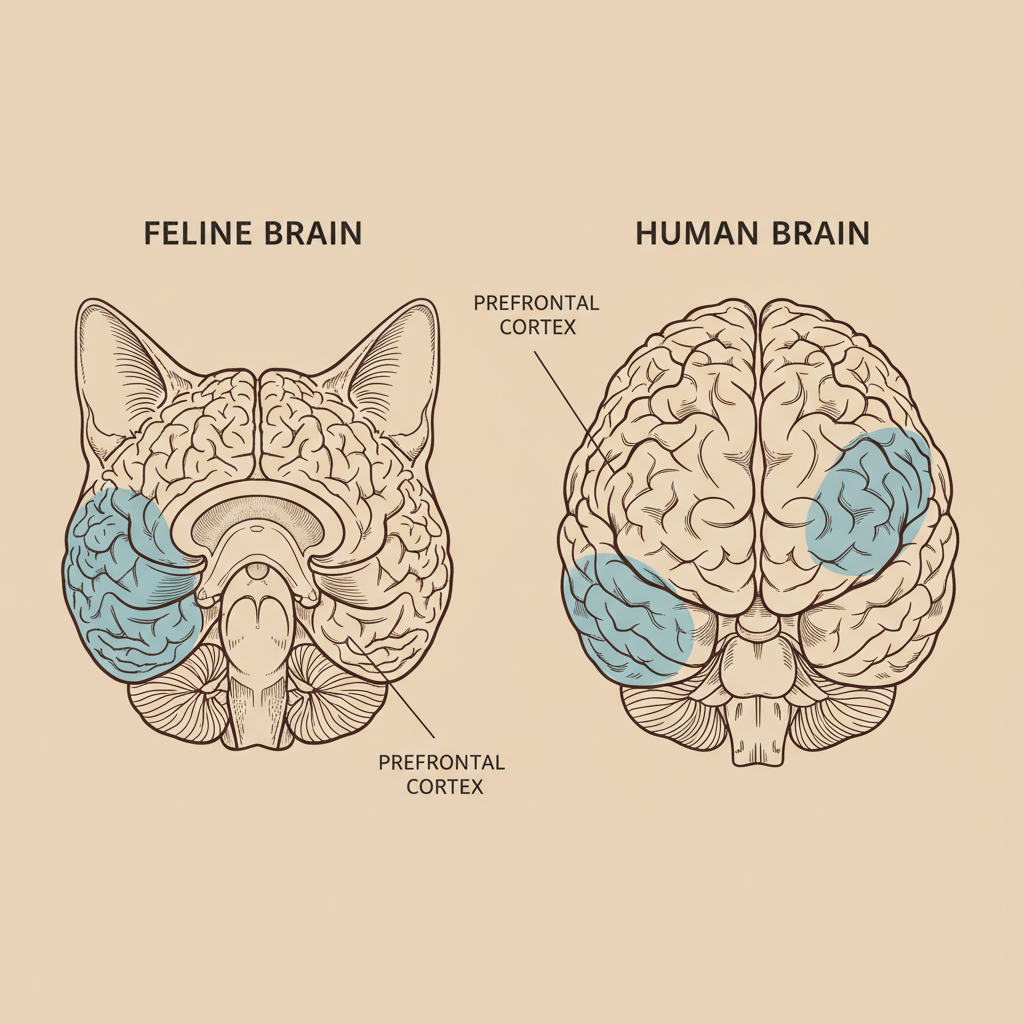 Illustration comparing human and cat brain prefrontal cortex sizes