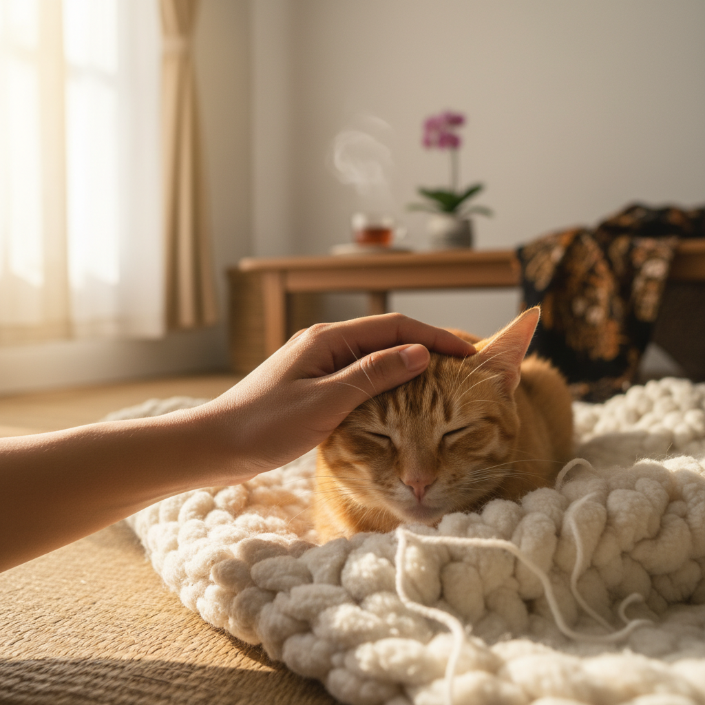 A hand comforting a cat on a bed in a warm home setting