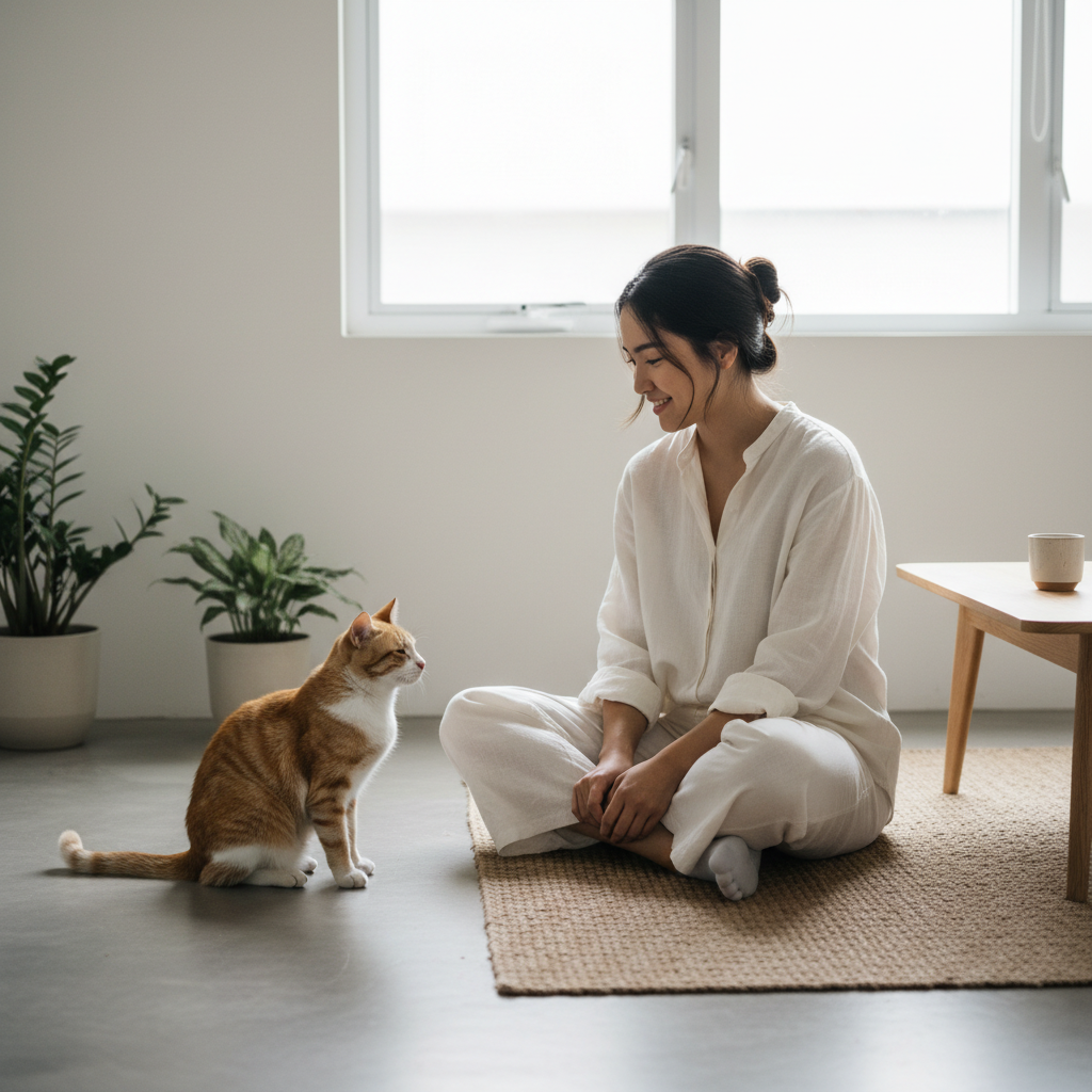 Woman respecting her cat's personal space in a cozy room