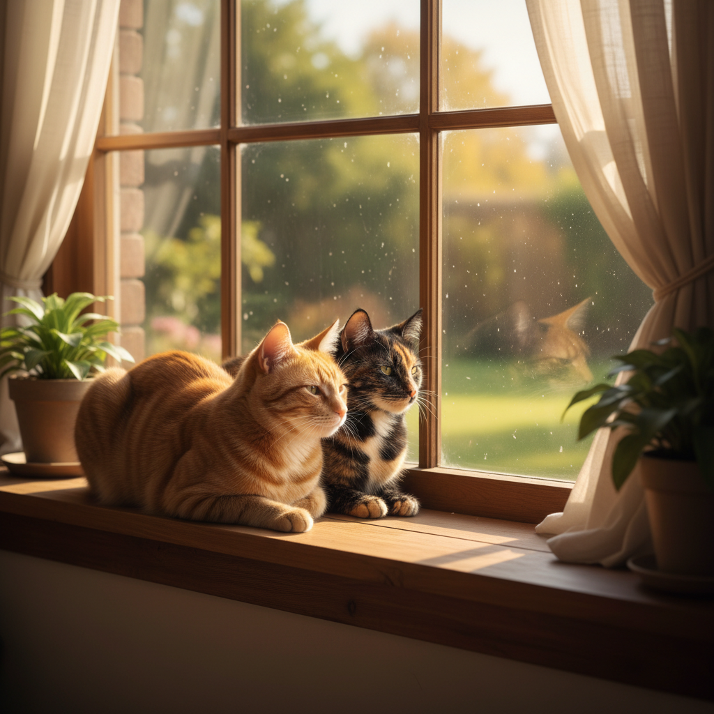 An orange cat and a tortoiseshell cat together in the sun
