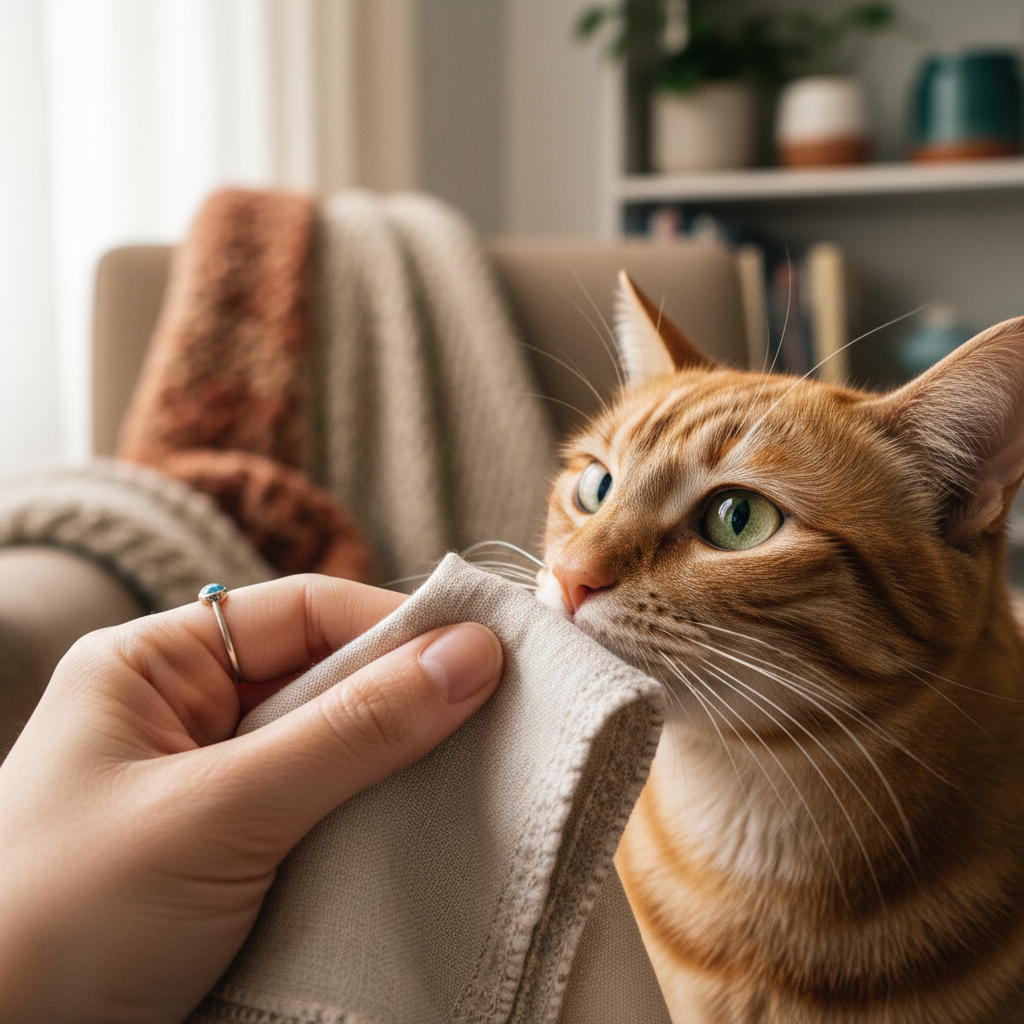 一只手拿着带有气味的布让猫咪嗅闻