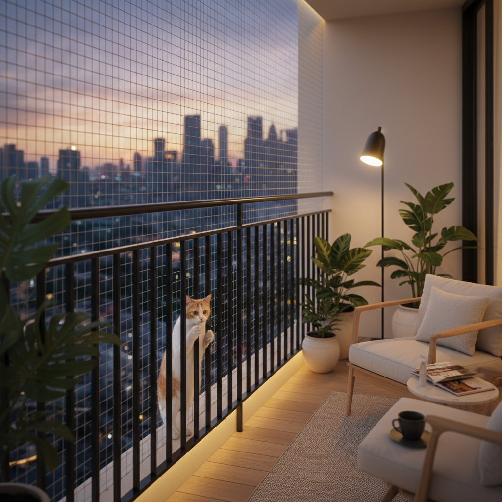 一只在马来西亚公寓阳台栏杆旁张望的橘猫