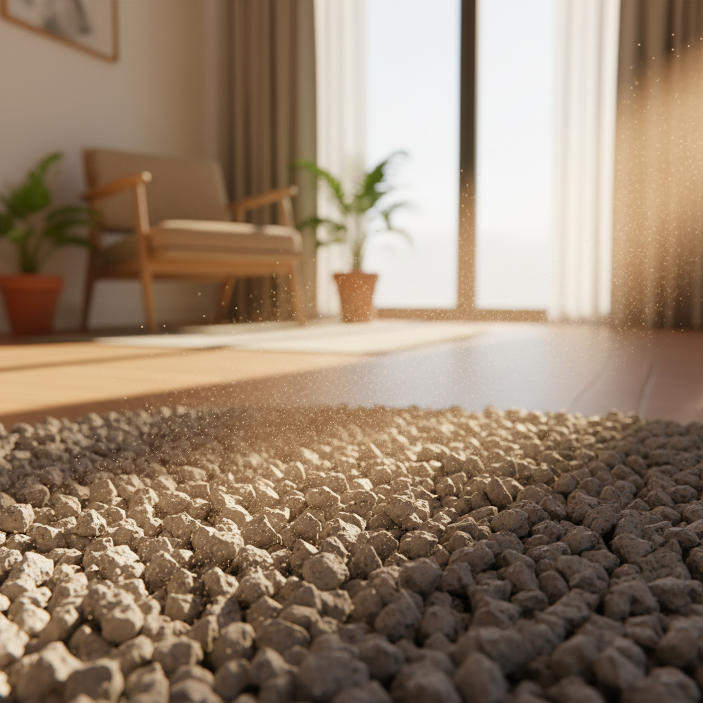 灰色矿砂近景，空气中可以看到明显的细微粉尘