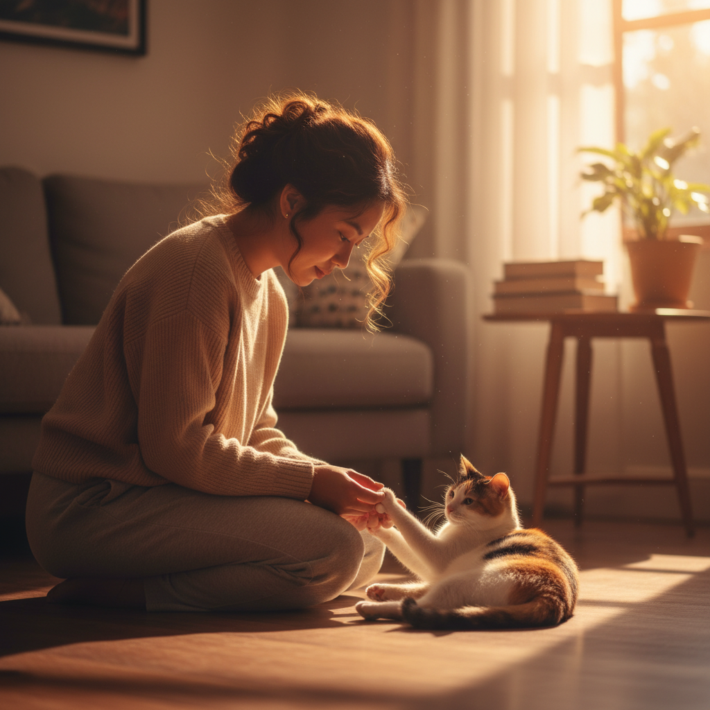 Seorang pemilik kucing sedang memeriksa tapak kaki kucing di rumah