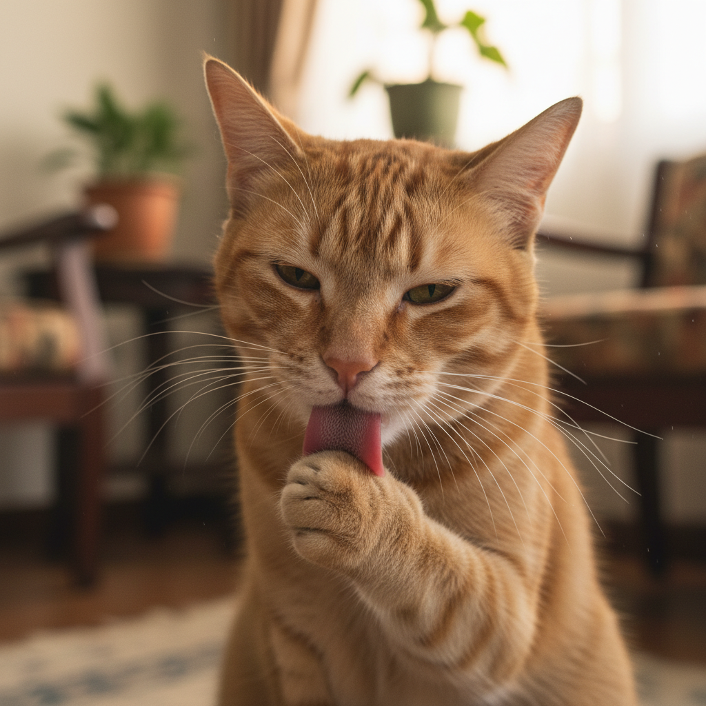 阳光明媚的马来西亚客厅里，一只猫正在舔爪子