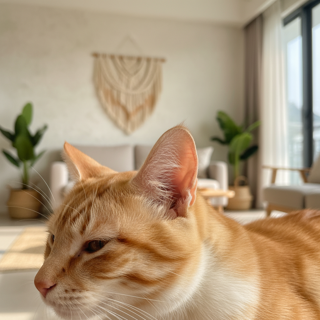 猫咪耳朵转向声音来源的特写镜头，背景是温馨的家居环境