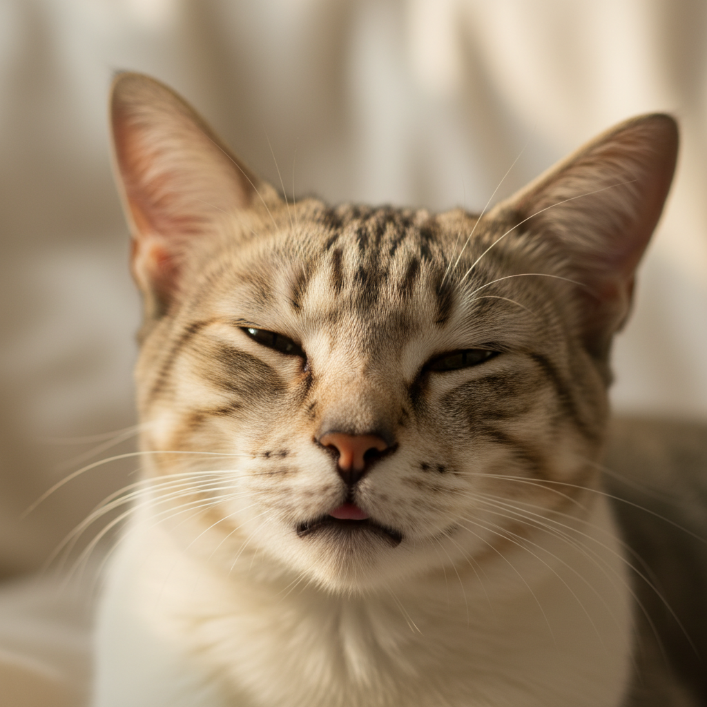 一只放松的猫正在缓慢眨眼，展示出信任和爱意