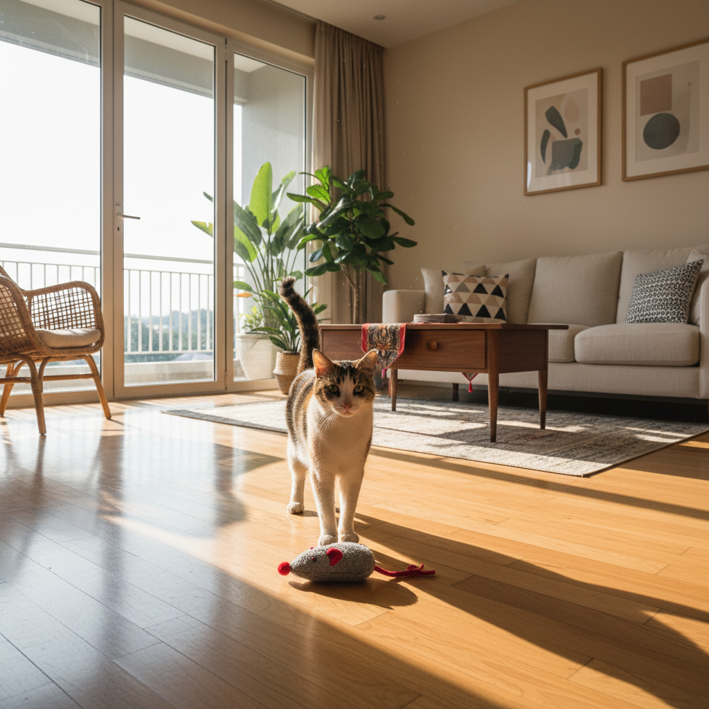 一只自豪的猫在阳光明媚的大马家中给主人送“礼物”