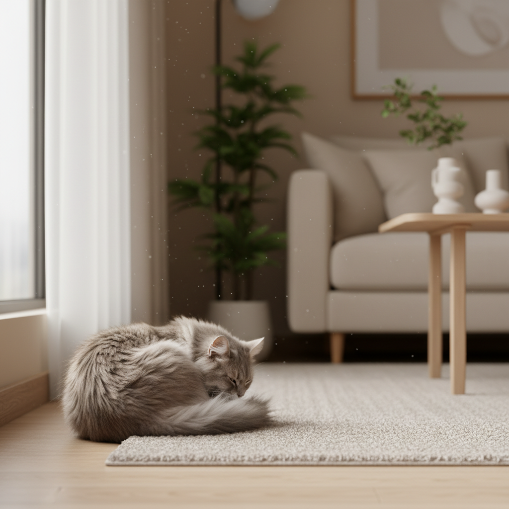 Seekor kucing kelabu meringkuk di sudut menunjukkan tanda penarikan sosial