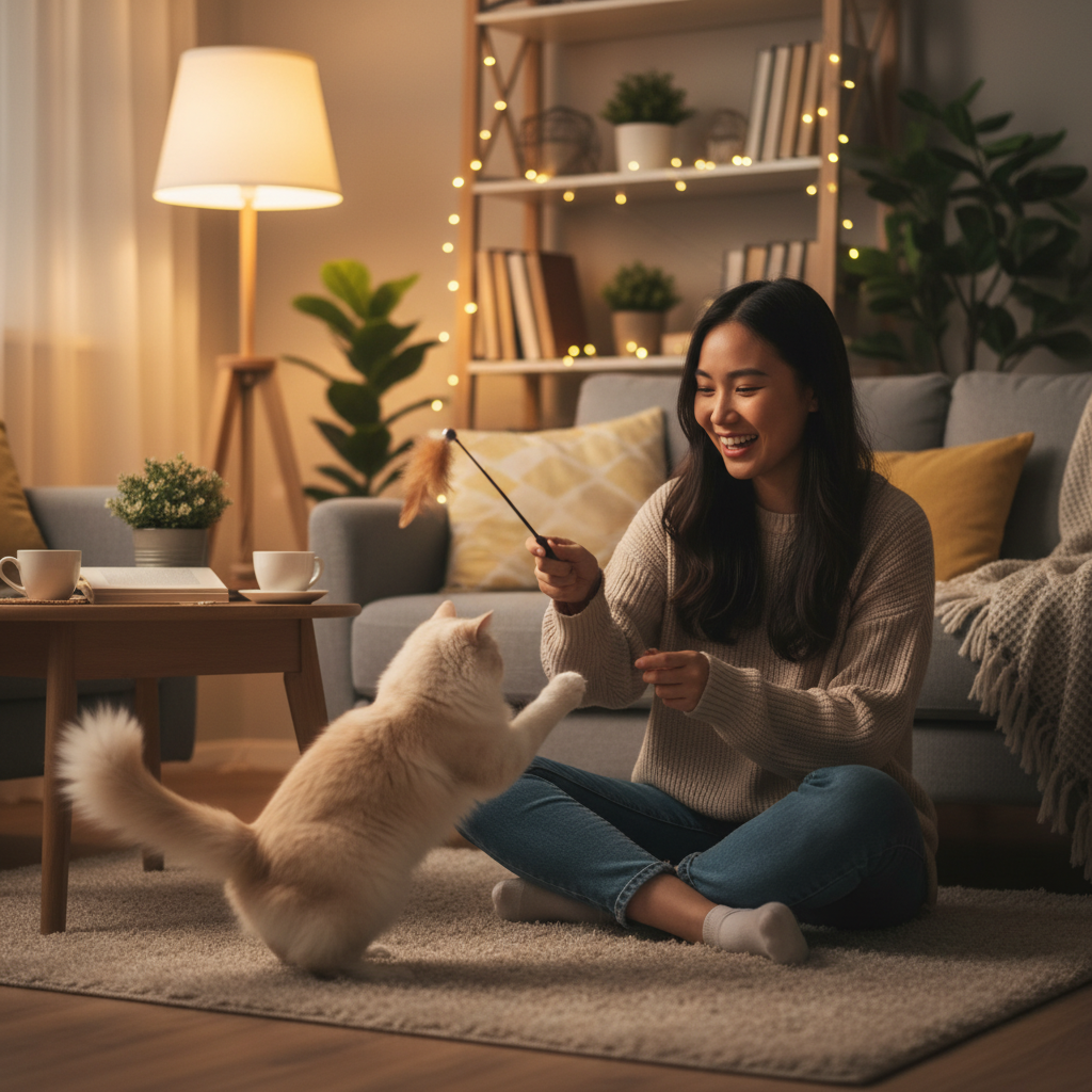 Pemilik sedang bermain dengan kucingnya menggunakan mainan bulu di sebuah apartmen Malaysia