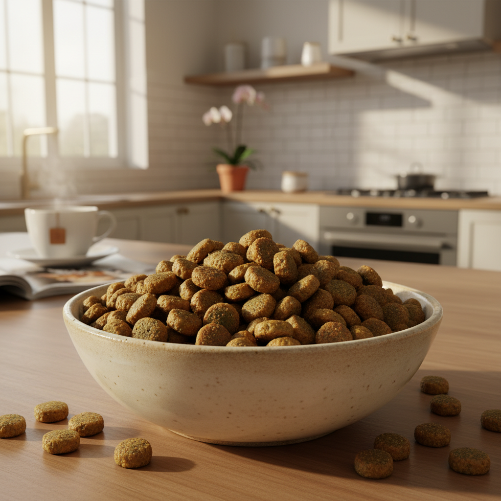 自然光下陶瓷碗里的高质量猫粮颗粒