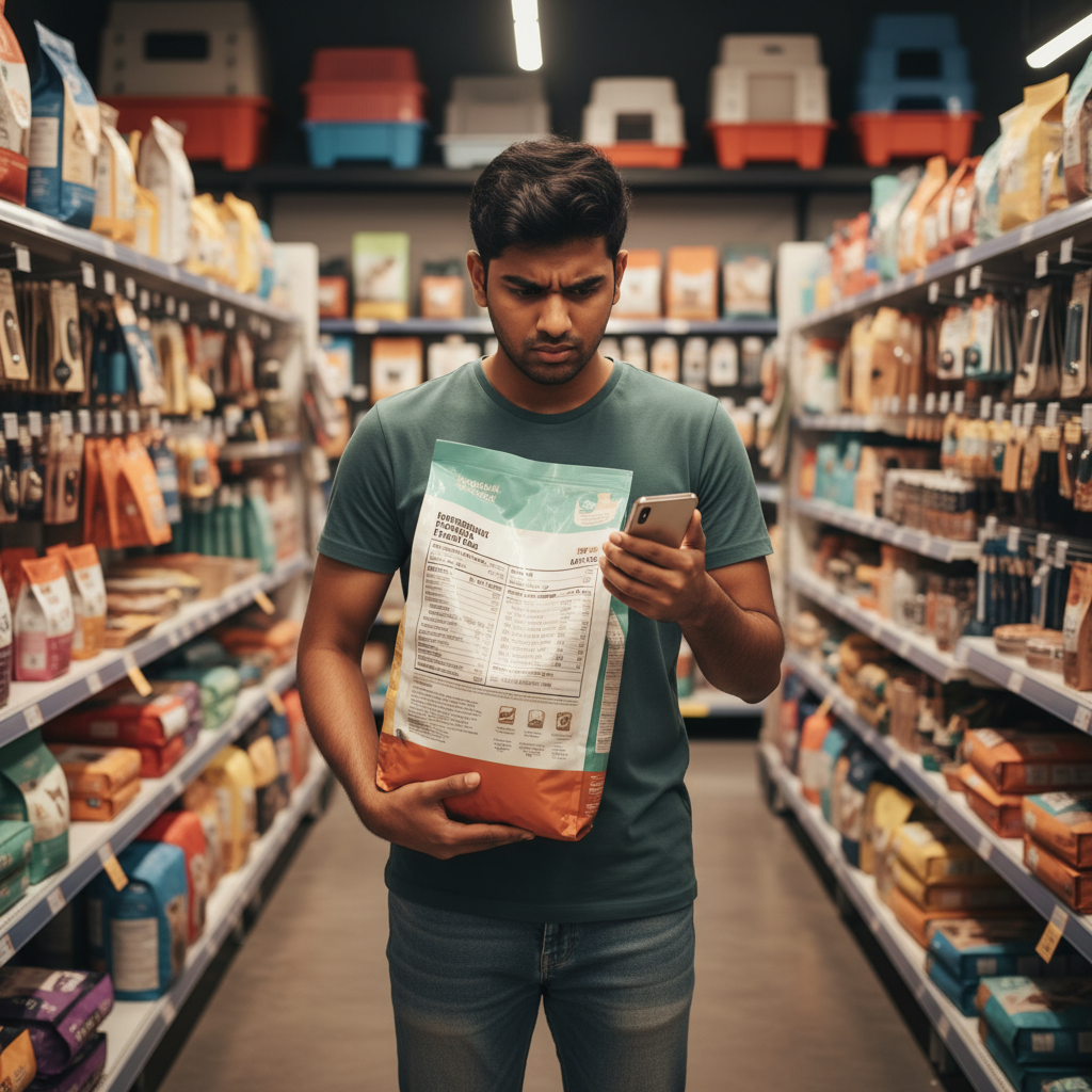 一位大马男子在宠物店检查猫粮成分表