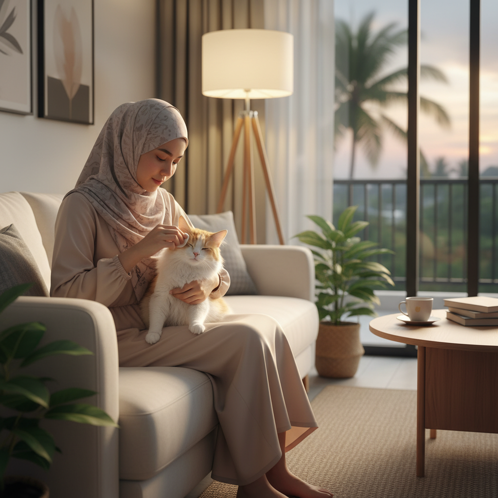 Woman cleaning cat tear stains with cotton pad