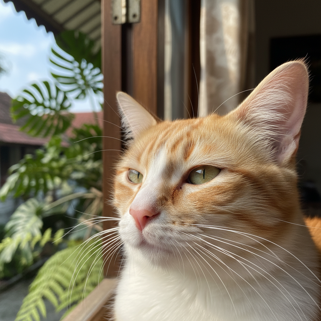 Healthy cat face with clean ears and pink nose in a bright Malaysian home