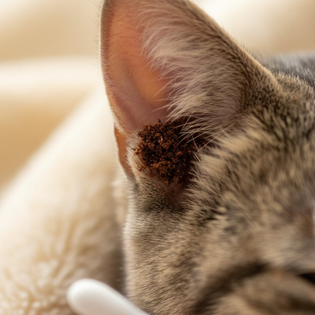 猫咪耳朵内呈现咖啡渣样碎屑的近距离特写