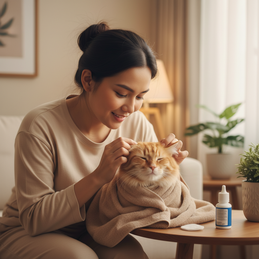 一位马来西亚女性正在温和地按摩猫咪耳根进行治疗