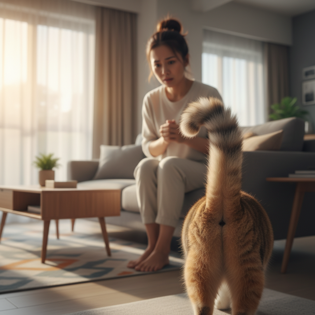 大马猫奴在阳光明媚的客厅里检查猫咪是否有寄生虫迹象