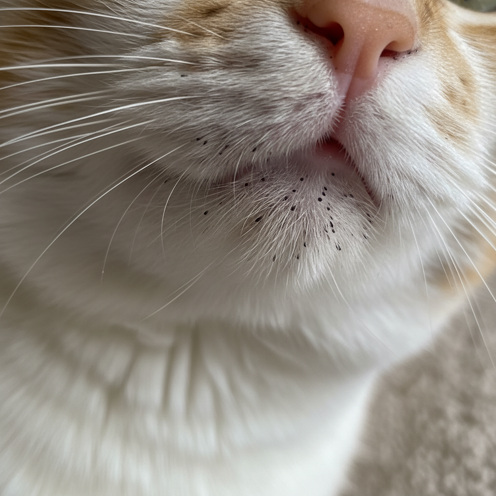 Gambar dekat dagu kucing yang terkena bintik hitam (acne)